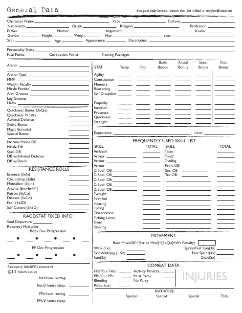 Rolemaster Character Sheet