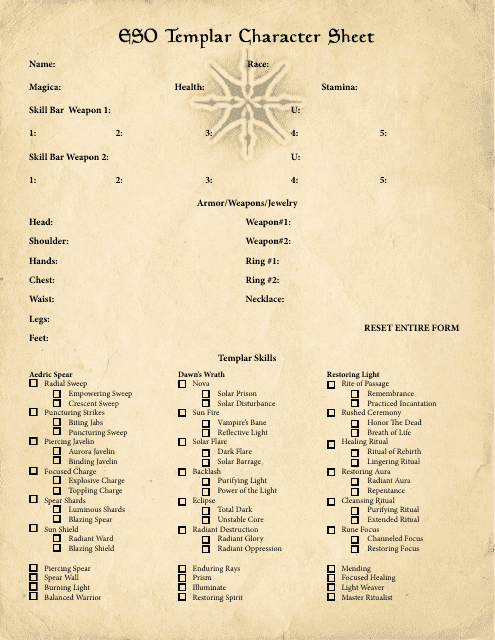 Eso Templar Character Sheet - A comprehensive document outlining the details and characteristics of the Templar class in the game "Elder Scrolls Online.