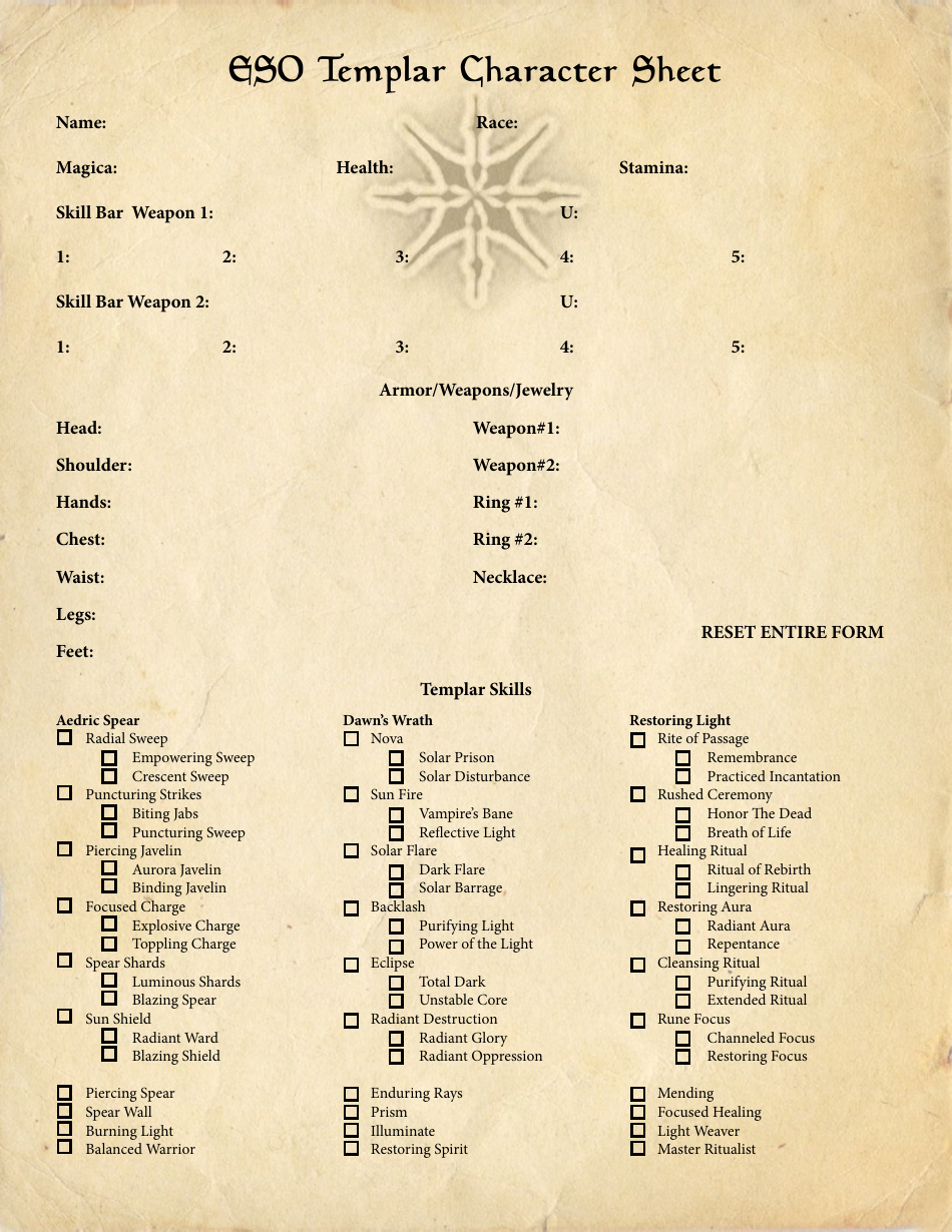 Eso Templar Character Sheet Download Fillable PDF | Templateroller