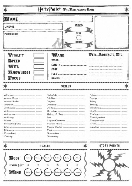 Harry Potter the Role Playing Game Character Sheet