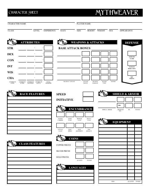 Mythweaver Character Sheet - Preview Image