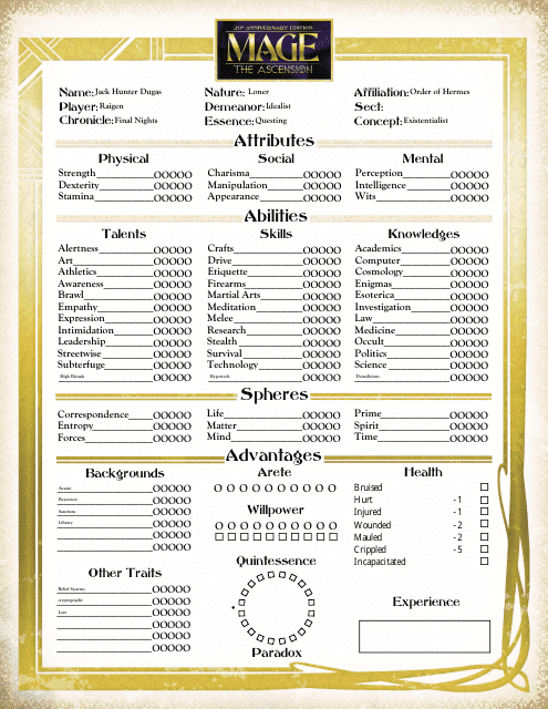 Mage the Ascension Interactive Pre-made Character Sheet