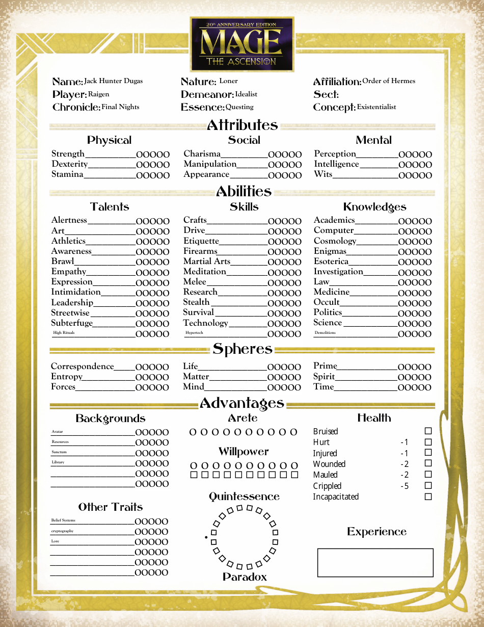 Mage the Ascension Interactive Pre-made Character Sheet Download ...