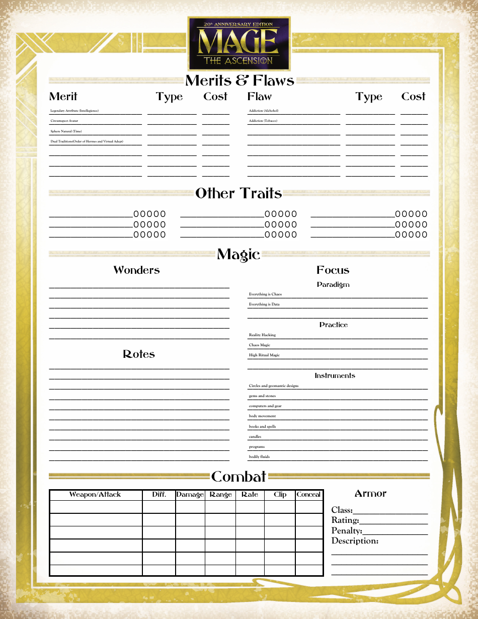 Mage the Ascension Interactive Pre-made Character Sheet, Page 2