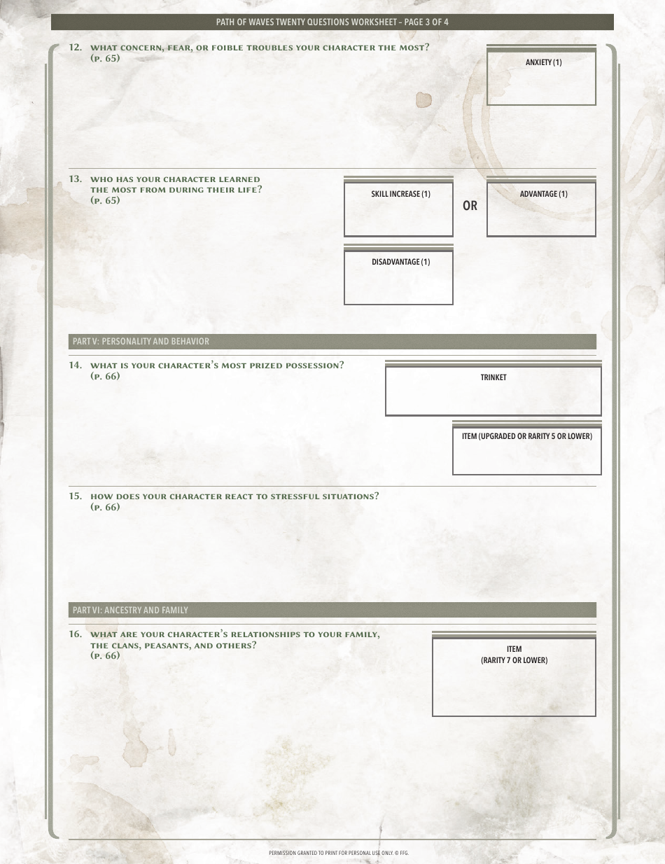 Legend of the Five Rings Character Worksheet - Path of Waves, Page 3