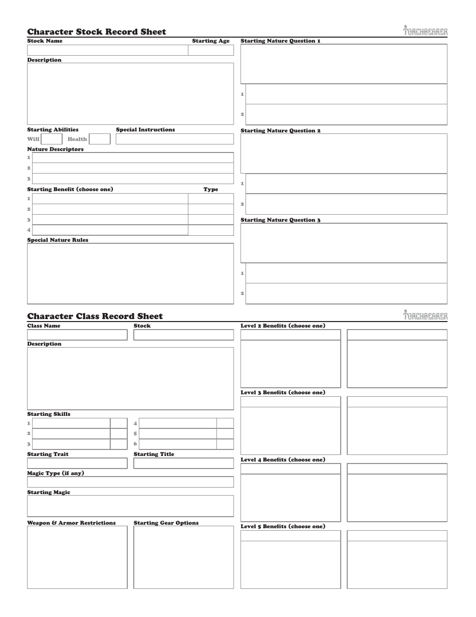 Torchbearer Character Sheet - Printable Template (Free Download)