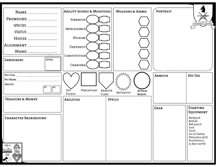 Shepherd's Crossing Character Sheet - A well-designed, comprehensive character sheet for role-playing game (RPG) Sheperd's Crossing.