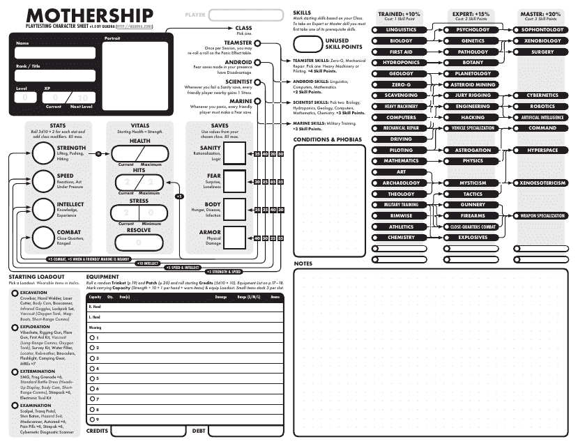 Mothership Playtesting Character Sheet