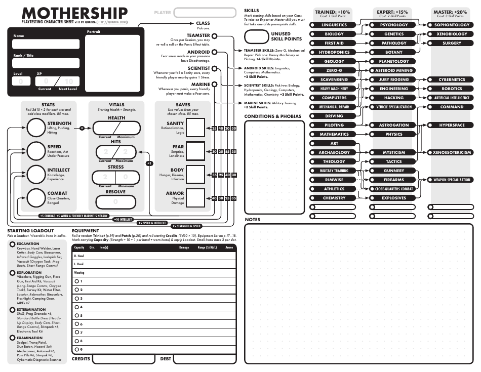 Preview of Mothership Playtesting Character Sheet