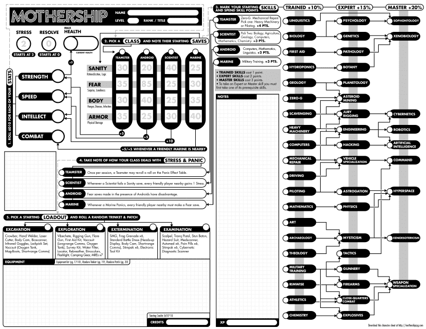 Mothership One-Page Character Sheet preview