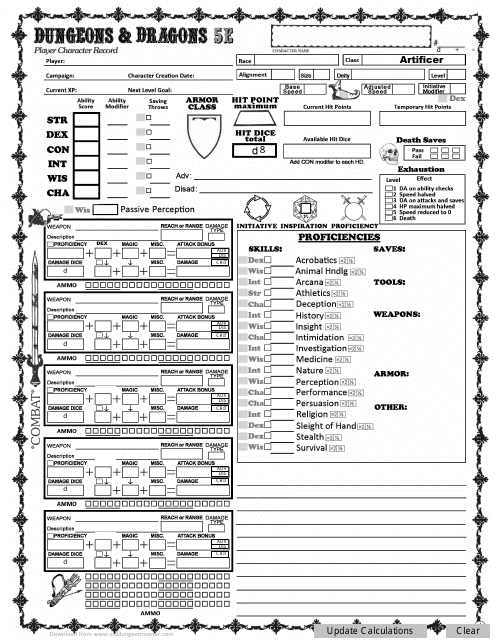 Dungeons & Dragons 5e Artificer Character Sheet Download Fillable PDF ...