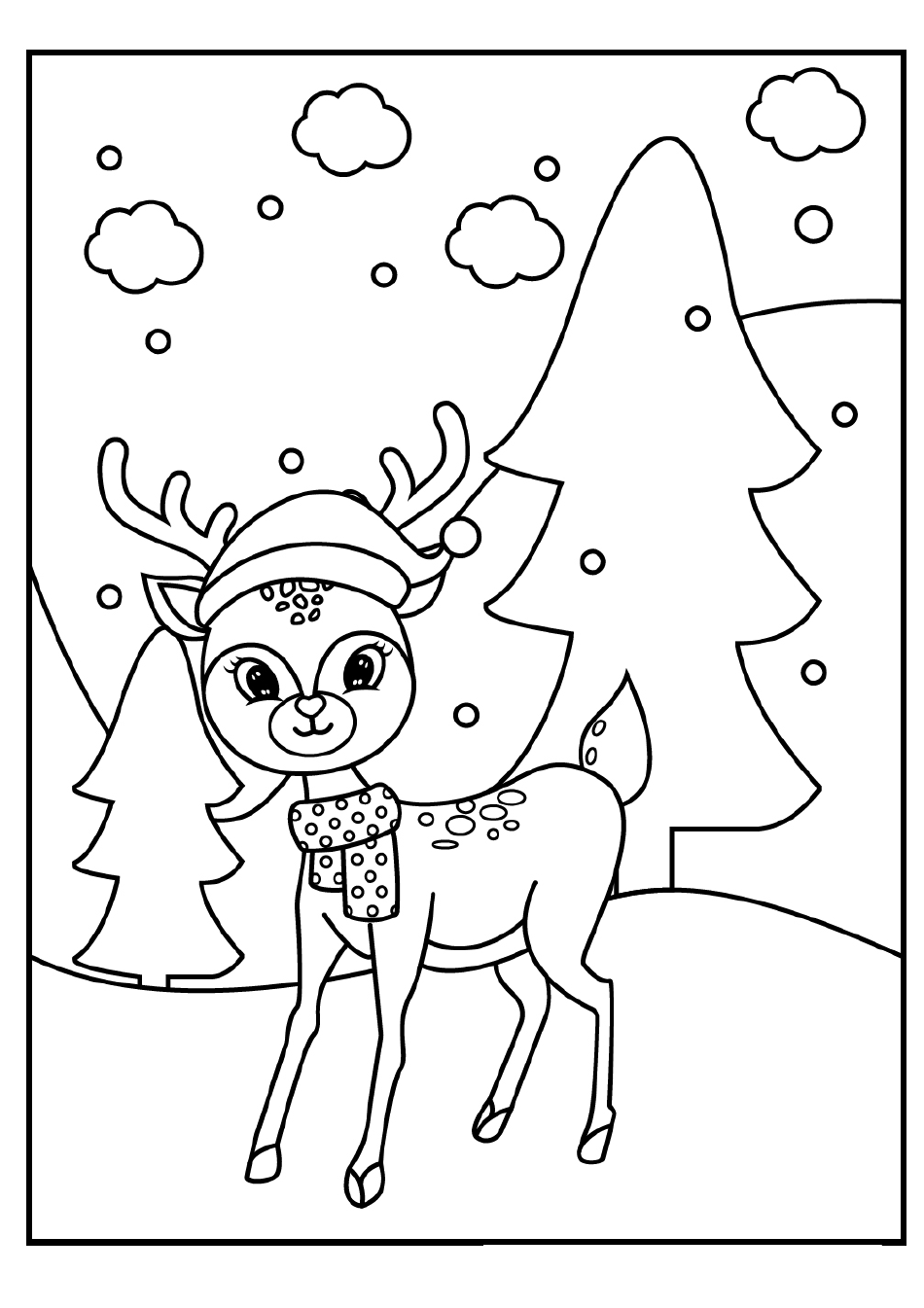 Reindeer and Christmas tree coloring page