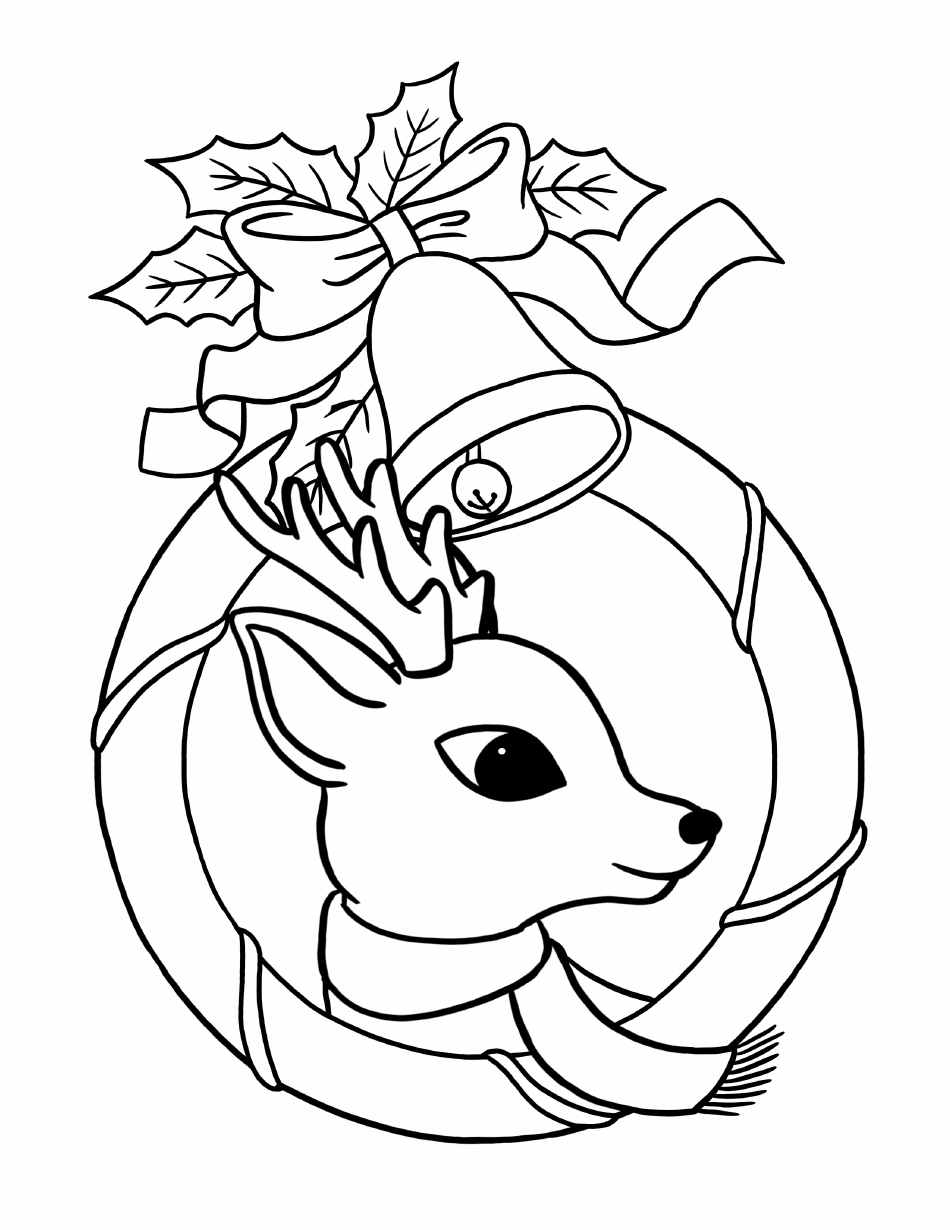 Reindeer coloring pages featuring a beautiful Christmas bell surrounded by festive ornaments, ready to unveil the sheer joy of the holiday season. Children can enjoy this holiday-themed coloring page, featuring adorable reindeer adorned with ribbons and antlers intertwined with decorations.