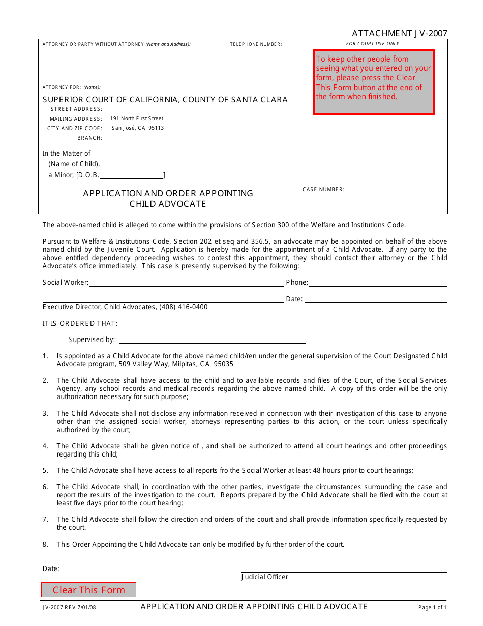 Form JV-2007 Application and Order Appointing Child Advocate - County of Santa Clara, California, Page 1