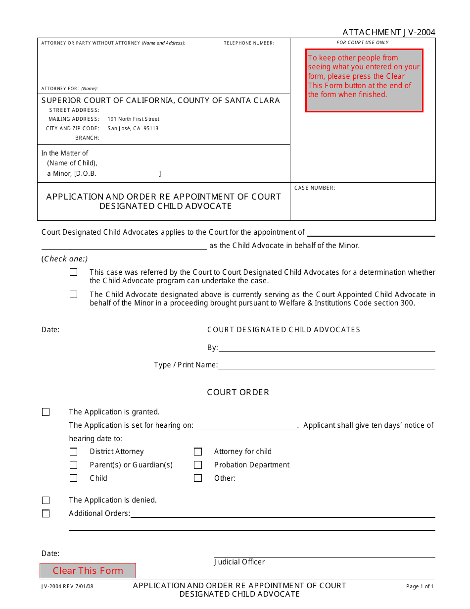 Form JV-2004 Application and Order Re Appointment of Court Designated Child Advocate - County of Santa Clara, California, Page 1