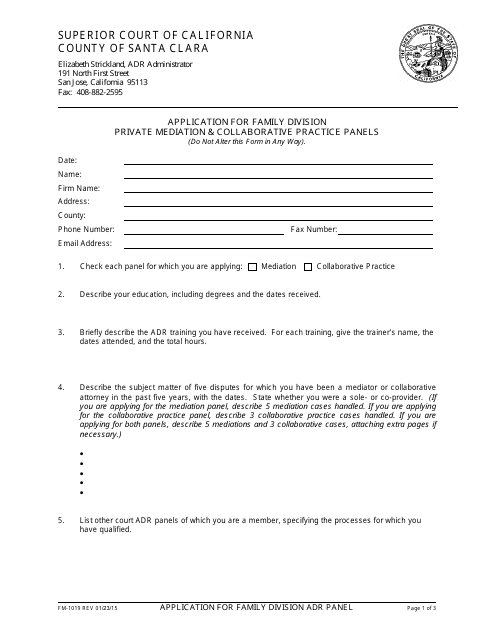Form FM-1019 Application for Family Division Private Mediation & Collaborative Practice Panels - County of Santa Clara, California