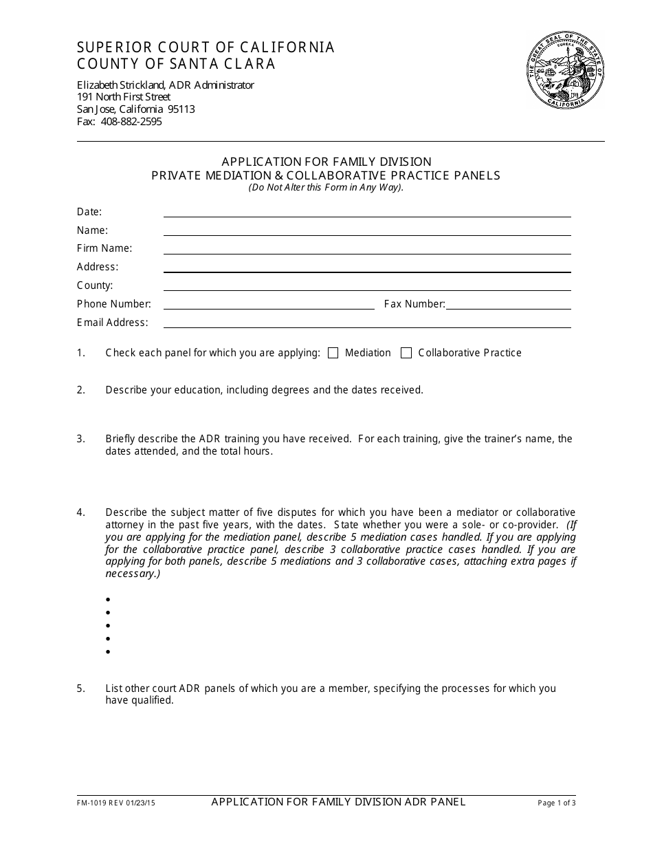 Form FM-1019 Application for Family Division Private Mediation  Collaborative Practice Panels - County of Santa Clara, California, Page 1