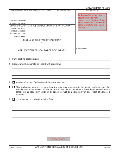 Form CR-6084 Application for Sealing of Documents - County of Santa Clara, California