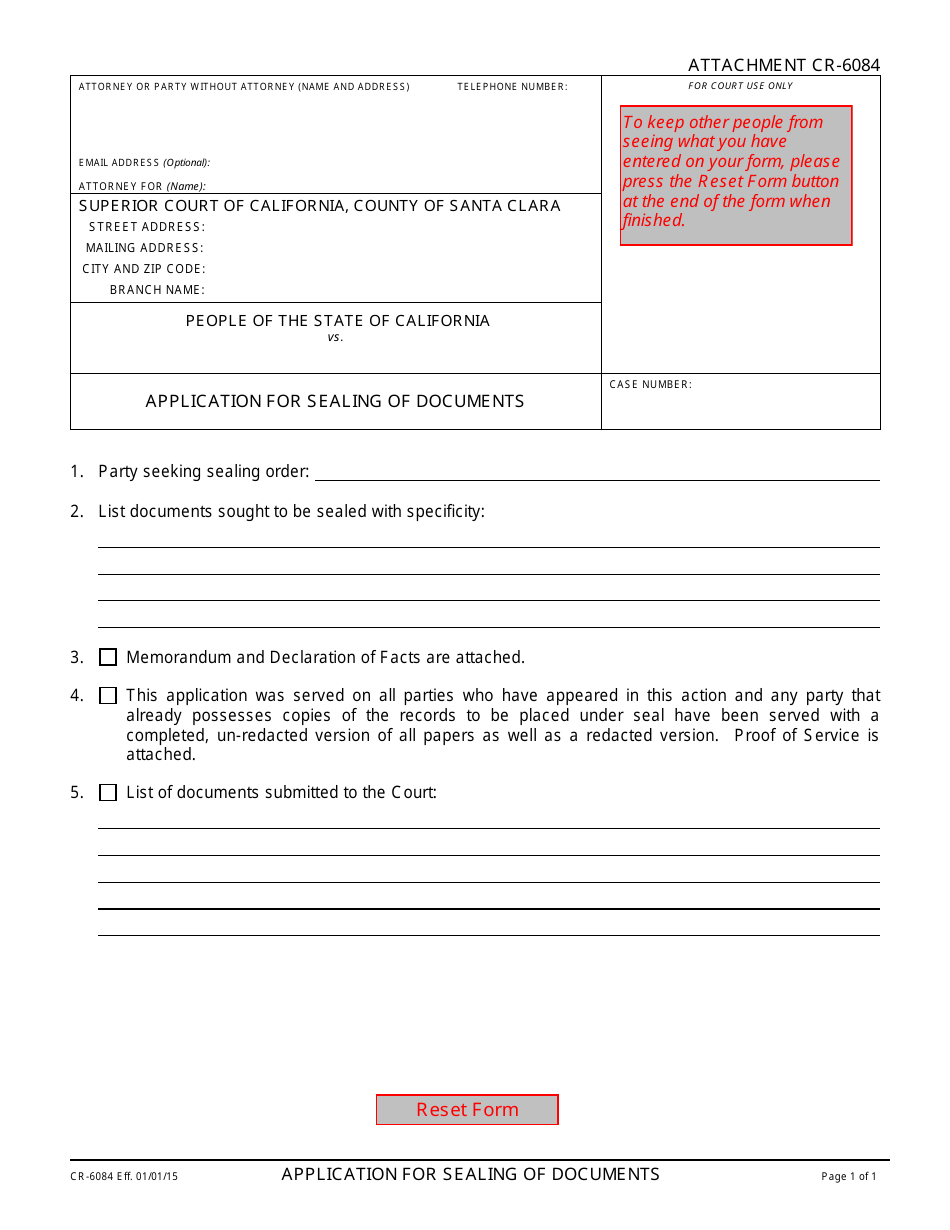 Form CR-6084 Application for Sealing of Documents - County of Santa Clara, California, Page 1