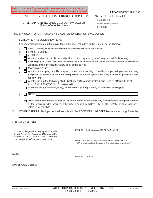 Form FM-1056 Order Appointing Child Custody Evaluator (Family Court Services) - County of Santa Clara, California