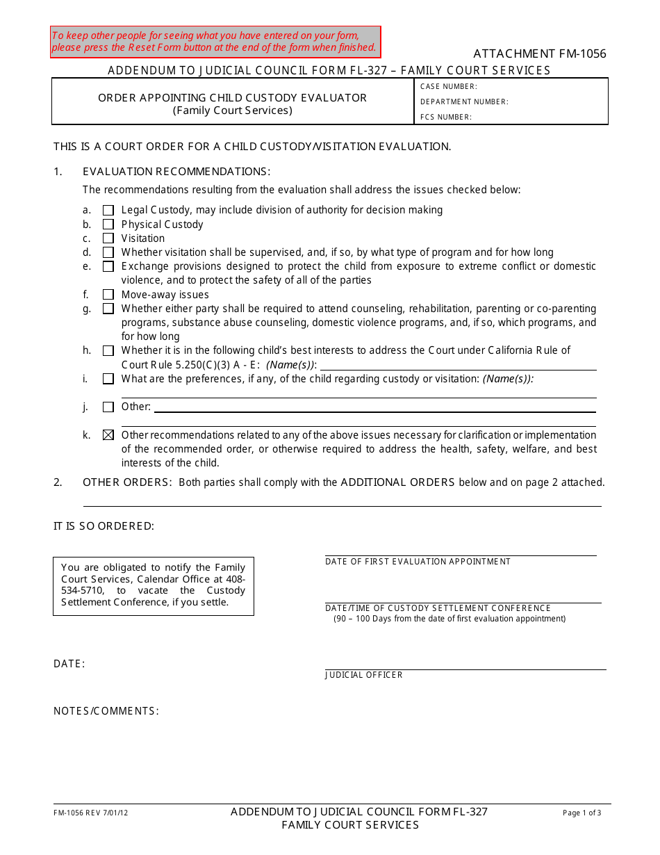 Form FM-1056 Order Appointing Child Custody Evaluator (Family Court Services) - County of Santa Clara, California, Page 1