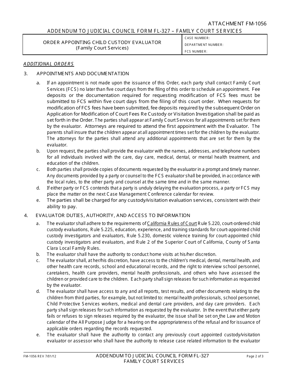 Form FM-1056 Order Appointing Child Custody Evaluator (Family Court Services) - County of Santa Clara, California, Page 2
