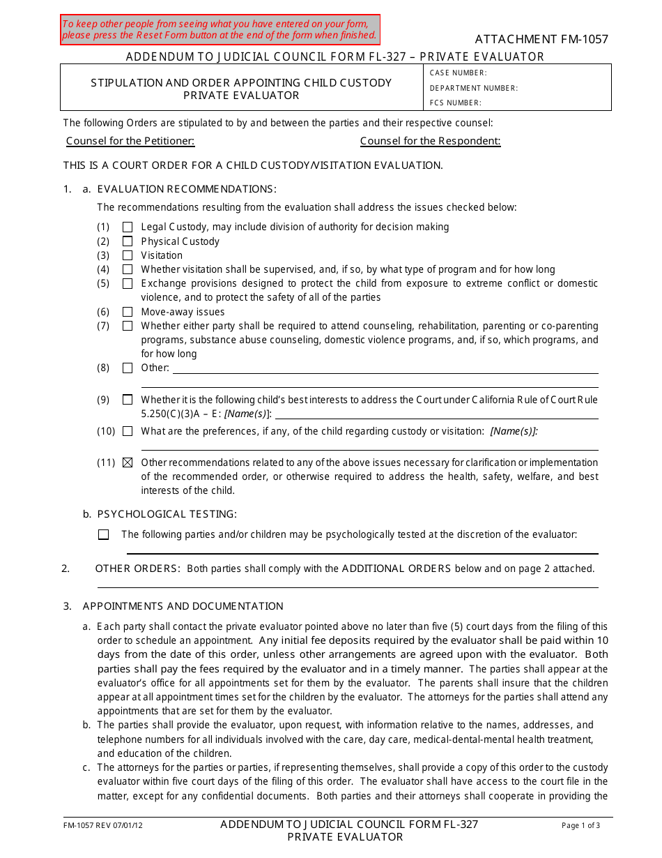 Form FM-1057 Stipulation and Order Appointing Child Custody Private Evaluator - County of Santa Clara, California, Page 1