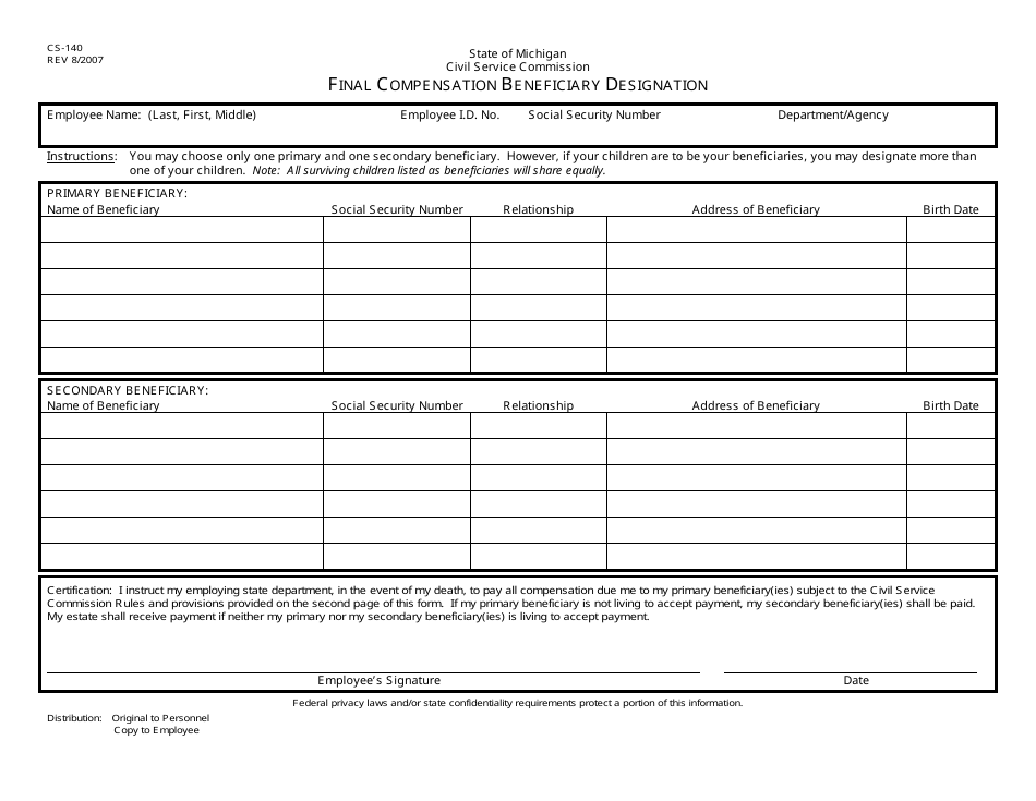 Form CS-140 Final Compensation Beneficiary Designation - Michigan, Page 1