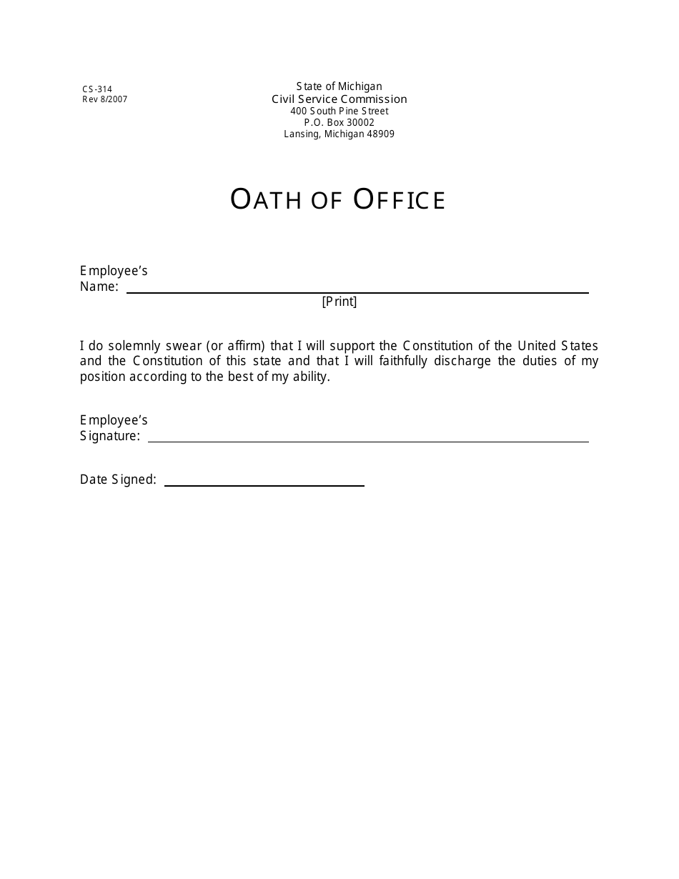 Form CS-314 Oath of Office - Michigan, Page 1