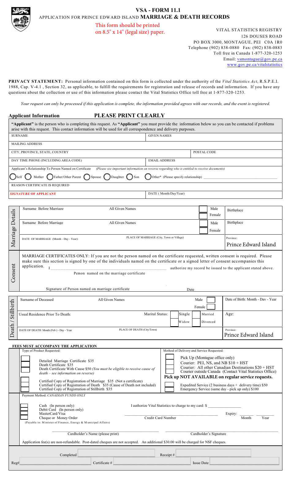 VSA Form 11.1 Application for Prince Edward Island Marriage  Death Records - Prince Edward Island, Canada, Page 1