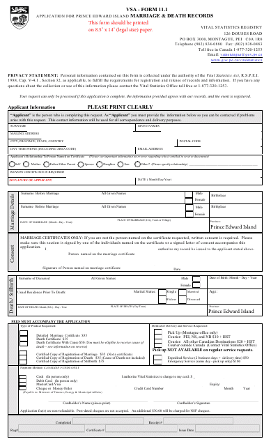 VSA Form 11.1 Application for Prince Edward Island Marriage & Death Records - Prince Edward Island, Canada