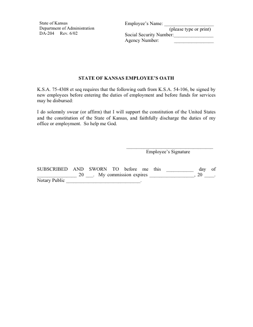 Form DA-204 State of Kansas Employee's Oath - Kansas