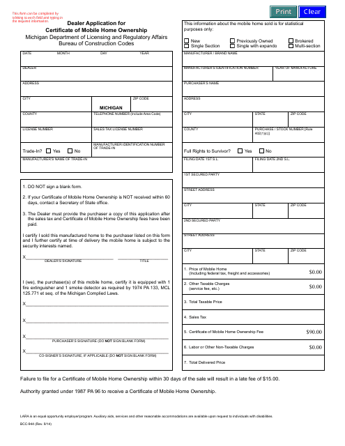 Form BCC-944 Dealer Application for Certificate of Mobile Home Ownership - Michigan