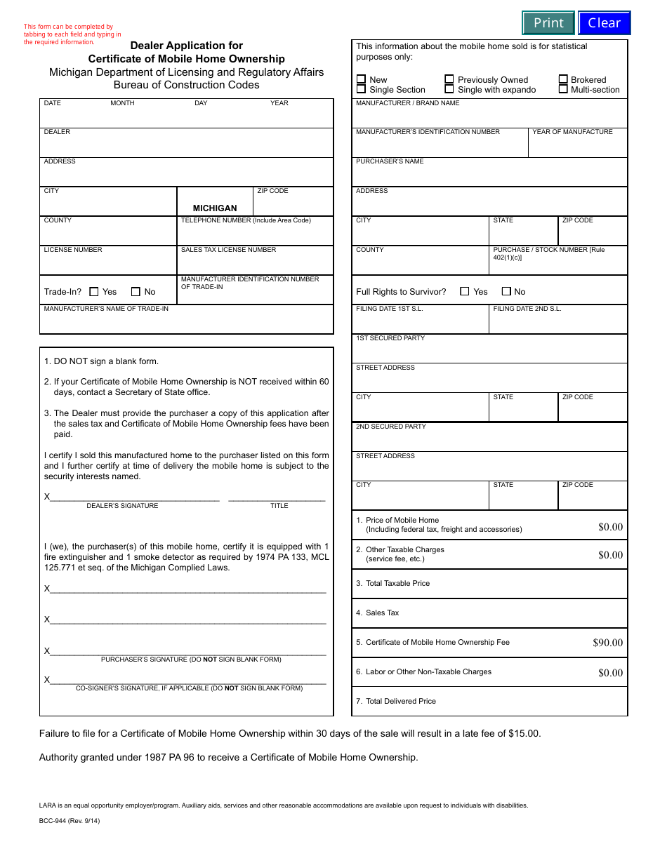 Form BCC-944 Dealer Application for Certificate of Mobile Home Ownership - Michigan, Page 1