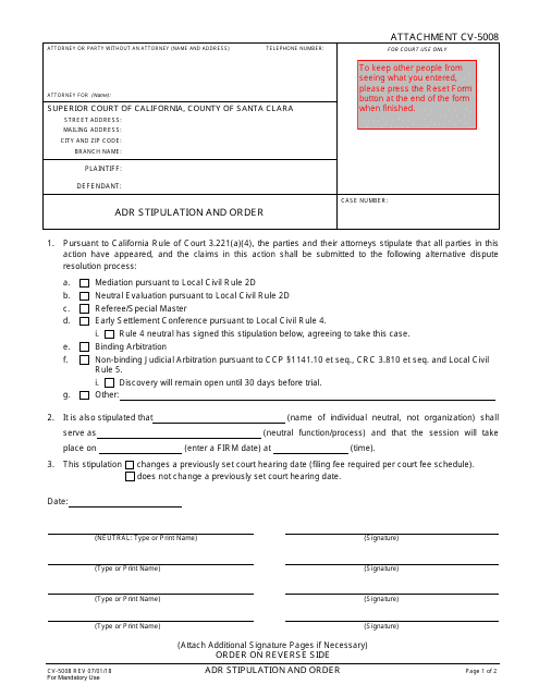 Attachment CV-5008 Adr Stipulation and Order - County of Santa Clara, California