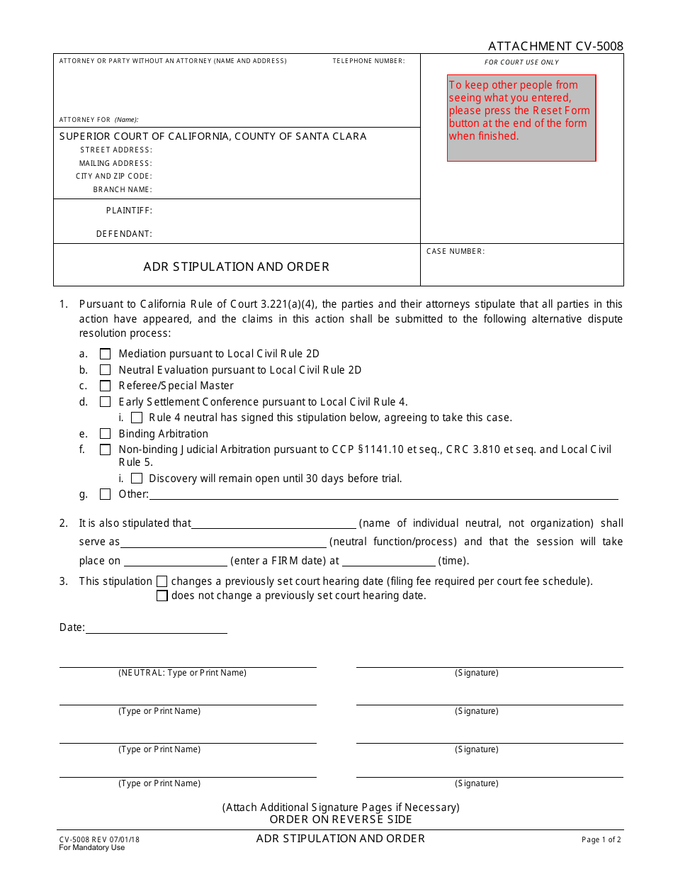 Attachment CV-5008 Adr Stipulation and Order - County of Santa Clara, California, Page 1