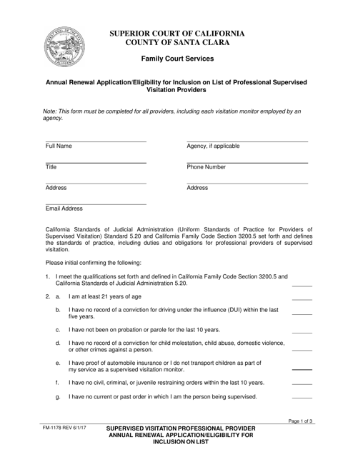 Form FM-1178 Annual Renewal Application/Eligibility for Inclusion on List of Professional Supervised Visitation Providers - Santa Clara County, California