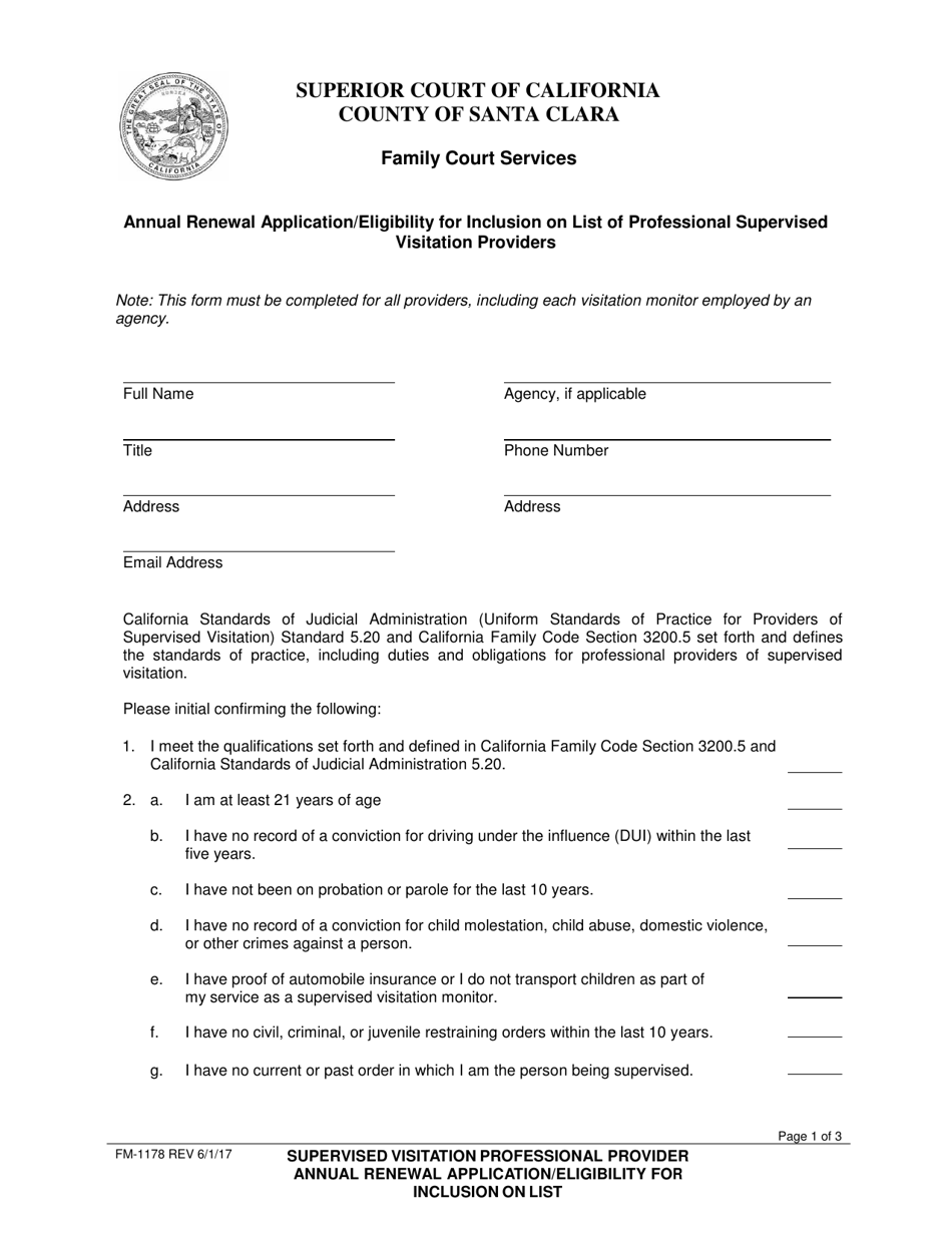 Form FM-1178 Annual Renewal Application / Eligibility for Inclusion on List of Professional Supervised Visitation Providers - Santa Clara County, California, Page 1