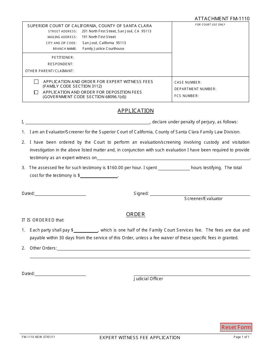 Form FM-1110 Application and Order for Expert Witness Fees - County of Santa Clara, California, Page 1