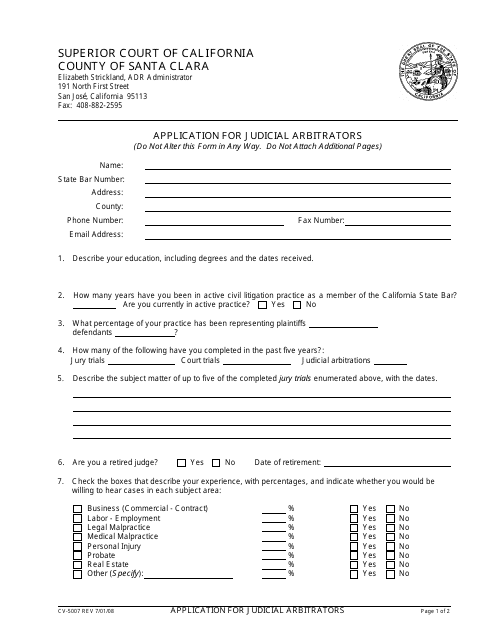 Form CV-5007 Application for Judicial Arbitrators - County of Santa Clara, California