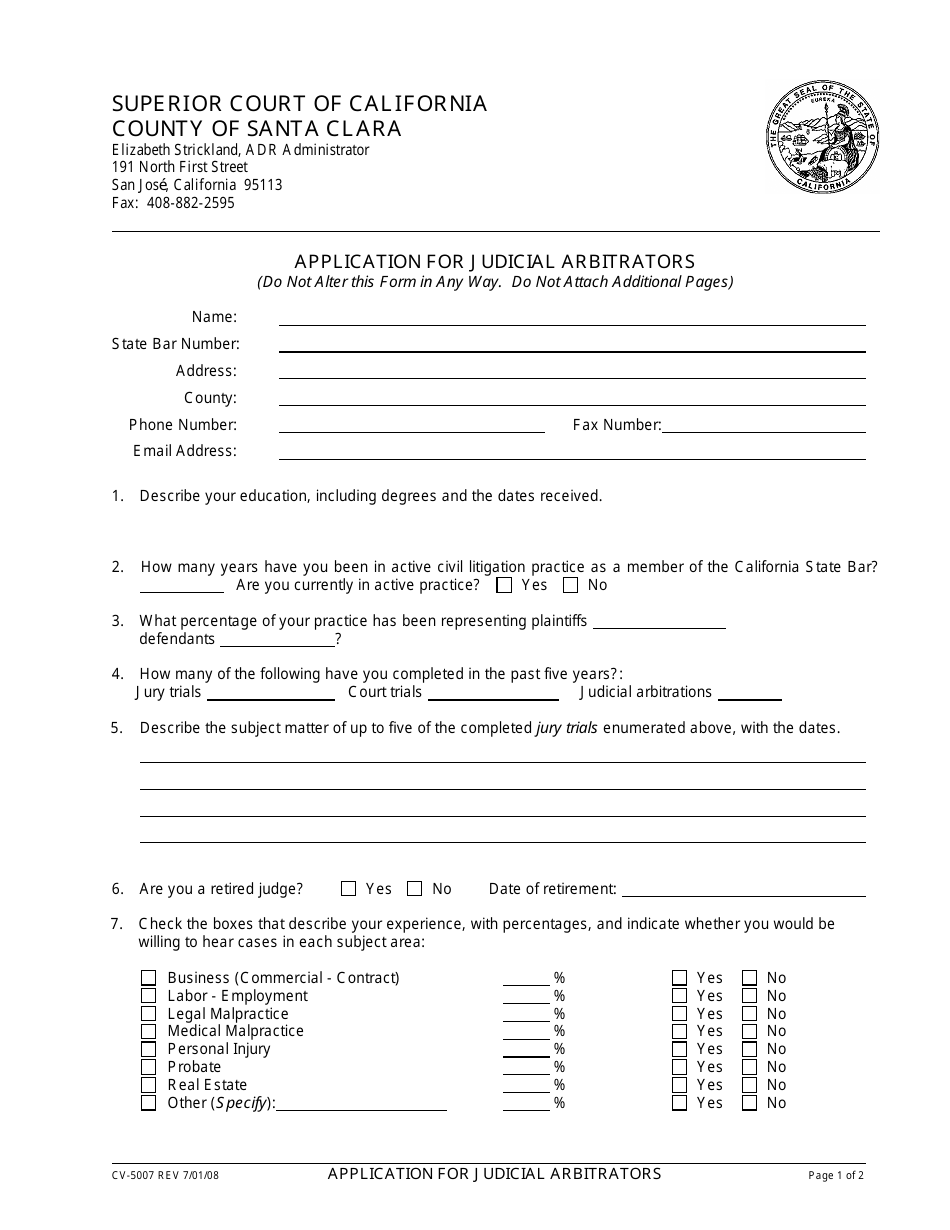 Form CV-5007 Application for Judicial Arbitrators - County of Santa Clara, California, Page 1