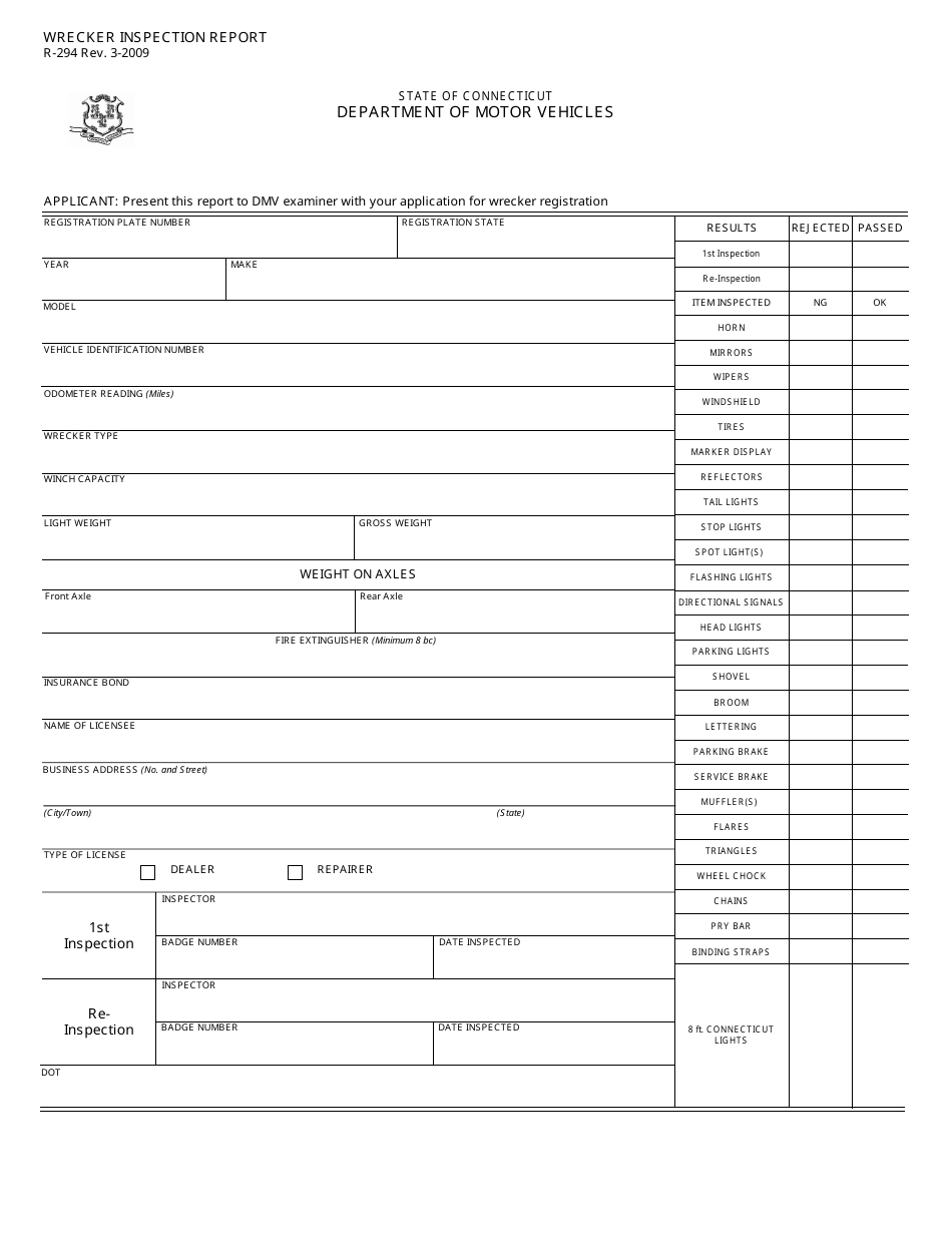 Form R-294 Wrecker Inspection Report - Connecticut, Page 1
