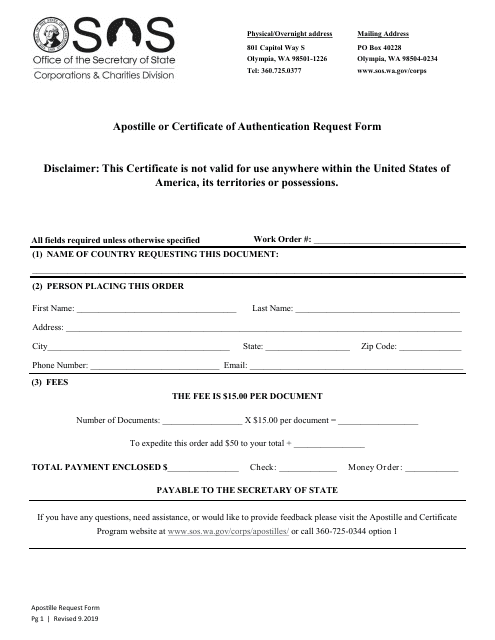 Apostille or Certificate of Authentication Request Form - Washington Download Pdf