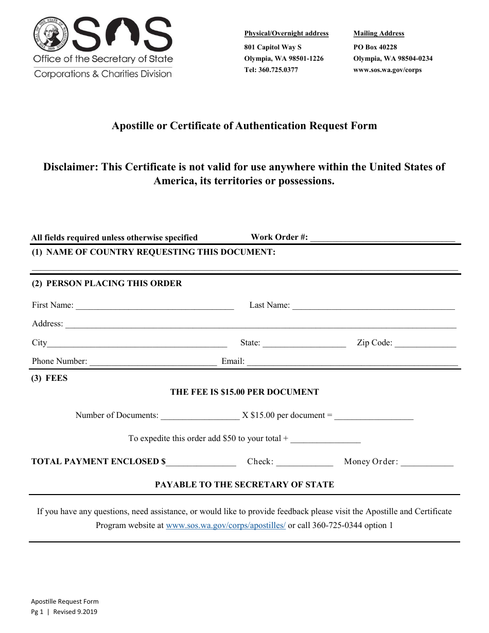 Apostille or Certificate of Authentication Request Form - Washington, Page 1