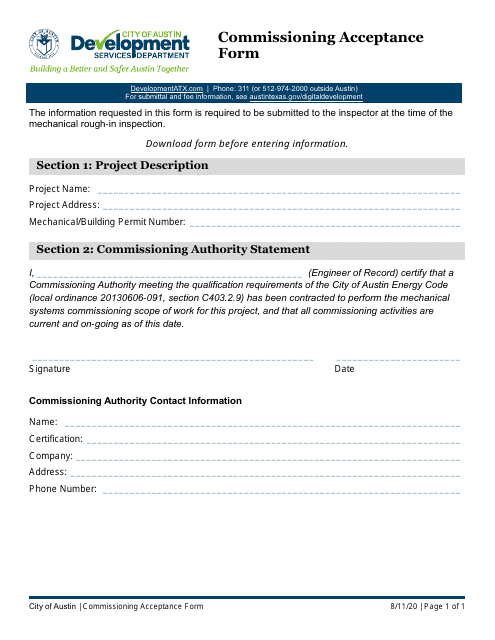Commissioning Acceptance Form - City of Austin, Texas Download Pdf