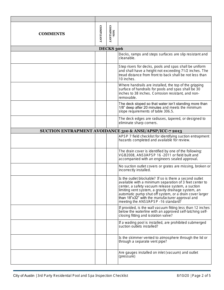 3rd Party Residential Pool and SPA Inspection Checklist - City of Austin, Texas, Page 2