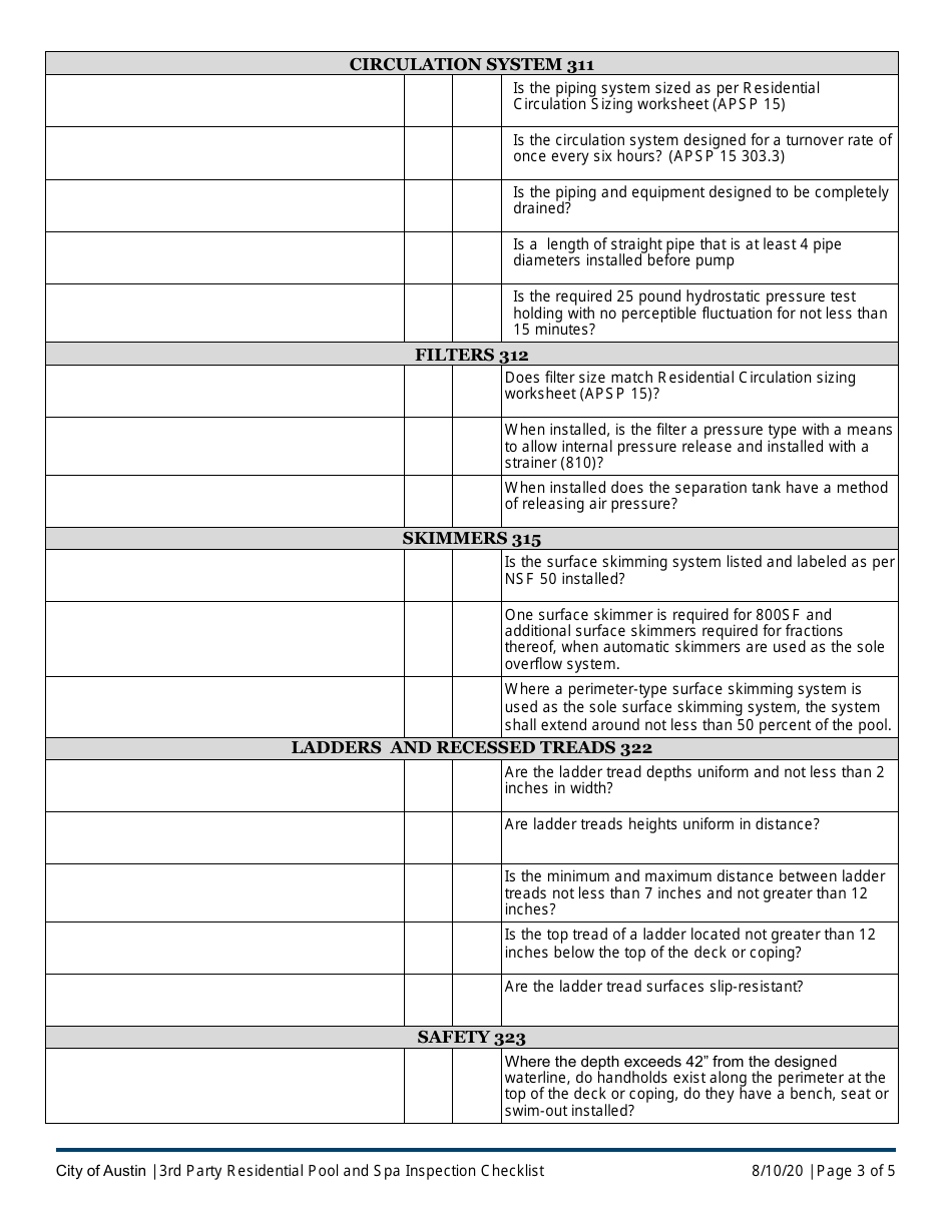 3rd Party Residential Pool and SPA Inspection Checklist - City of Austin, Texas, Page 3