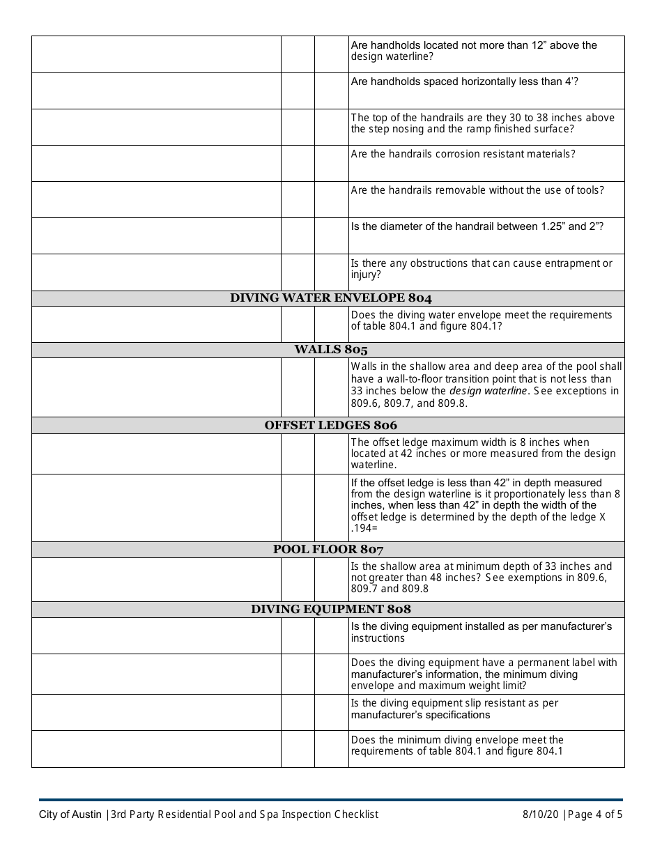 3rd Party Residential Pool and SPA Inspection Checklist - City of Austin, Texas, Page 4