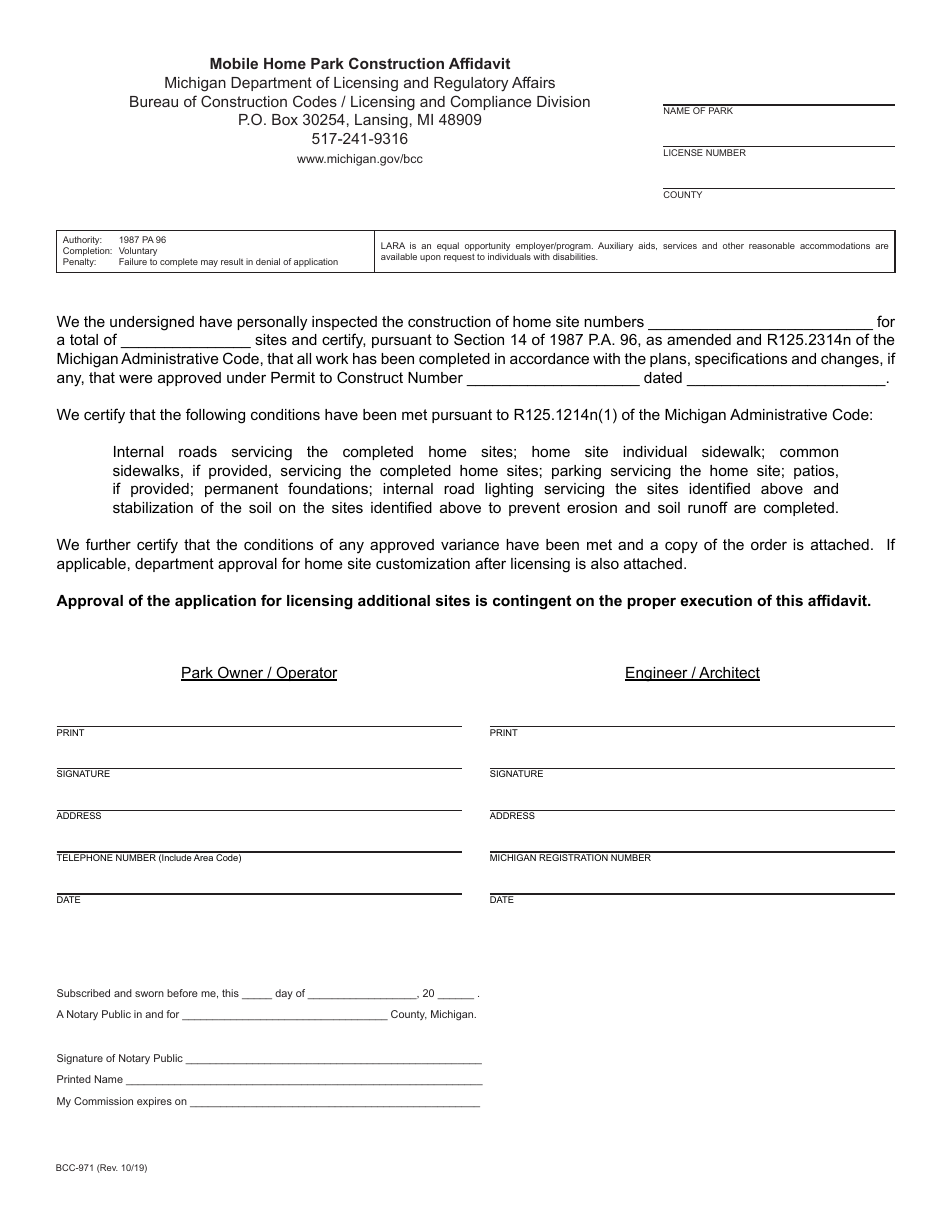 Form BCC-971 Mobile Home Park Construction Affidavit - Michigan, Page 1