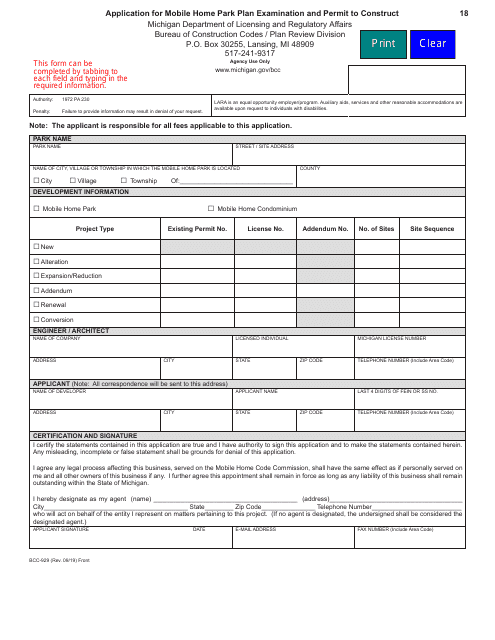 Form BCC-929 Application for Mobile Home Park Plan Examination and Permit to Construct - Michigan
